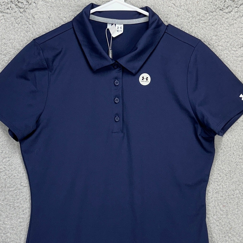 Under Armour Heat Gear Womens Golf Polo Shirt Medium Navy Blue Stretch Rugby NEW